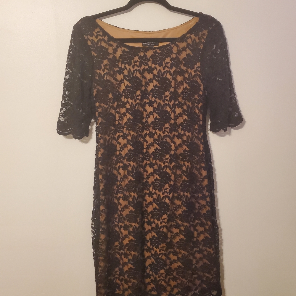 Beige dress with lace overlay
